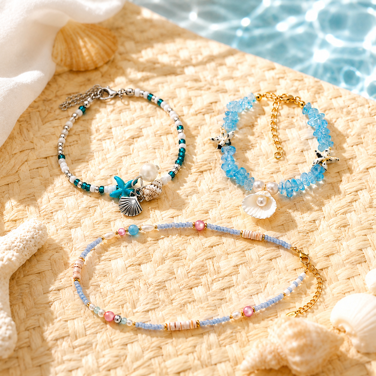 Ocean shell jewelry set with starfish bracelet, shell bracelet, and choker
