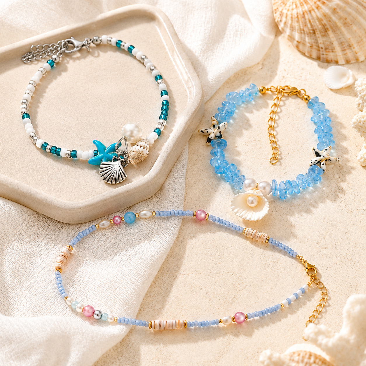 Ocean shell jewelry set with starfish bracelet, shell bracelet, and choker