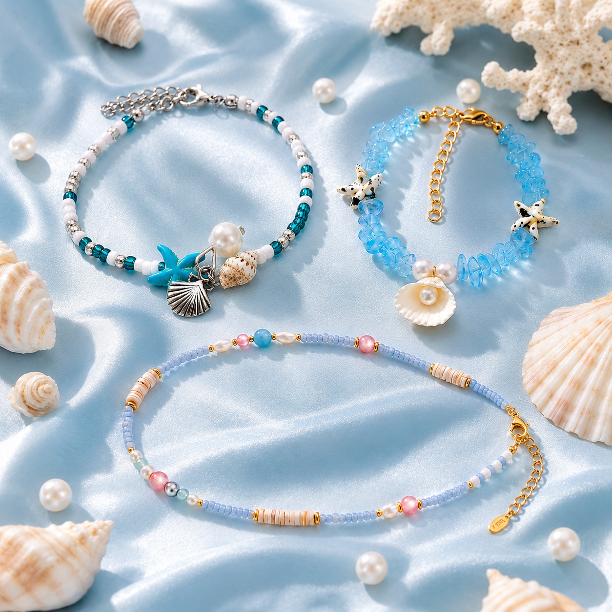 Ocean shell jewelry set with starfish bracelet, shell bracelet, and choker