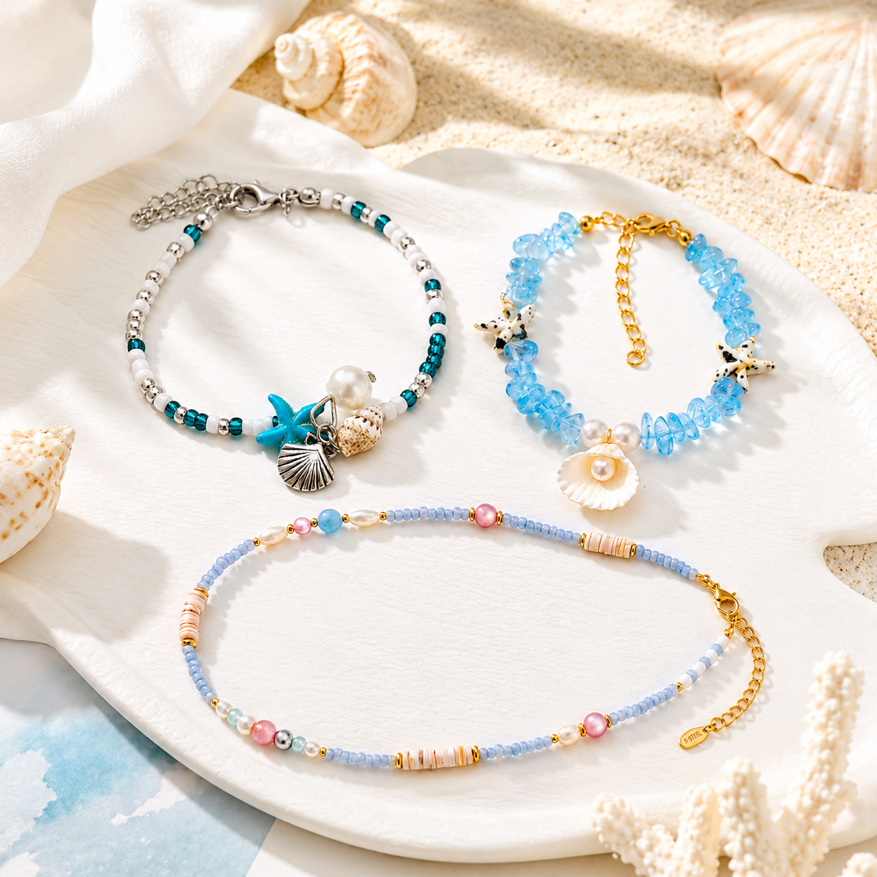 Ocean shell jewelry set with starfish bracelet, shell bracelet, and choker