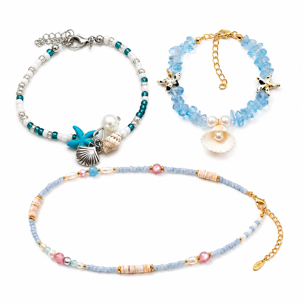 Ocean shell jewelry set with starfish bracelet, shell bracelet, and choker