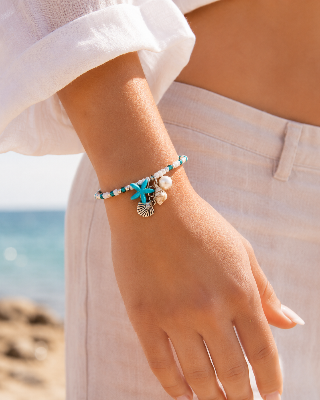 WW DREISEGEL ocean-inspired shell jewelry set styled for summer outfits